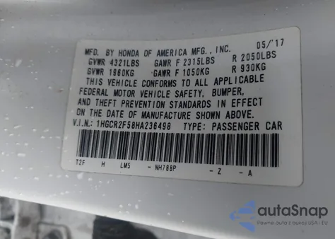 2017 Honda Accord Sport from USA, damaged, VIN 1HGCR2F58HA236498